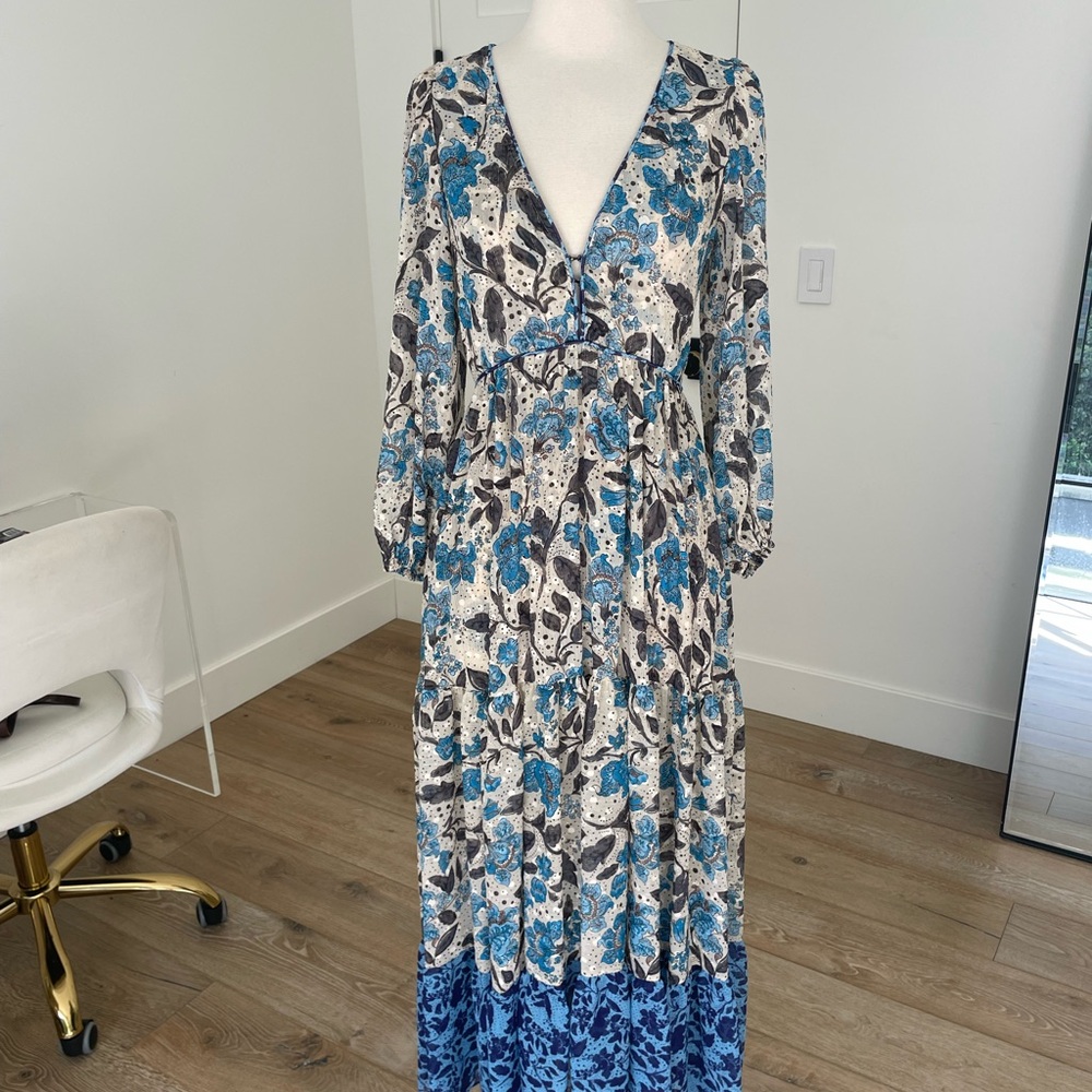 Misa Los Angeles White and Blue Tiered Sundress